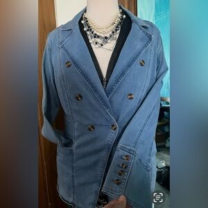 Allegra K Women's Notched Lapel Blue Denim Double-Breasted Blazer